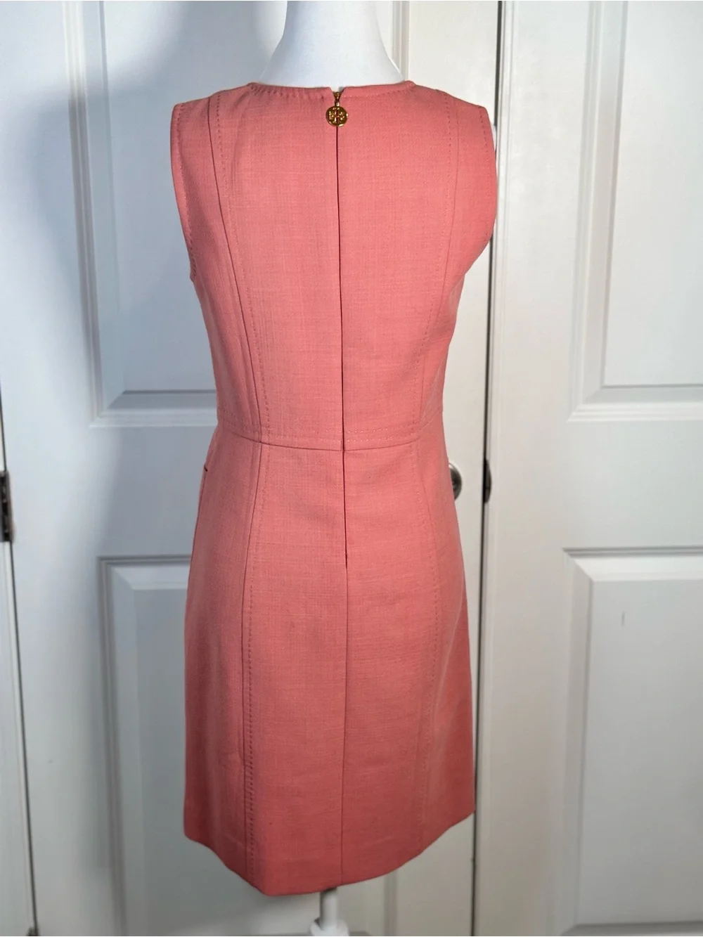 Tory Burch Petra Dress 2 Peach Wool Blend Sheath Gold Zip Pockets Officecore